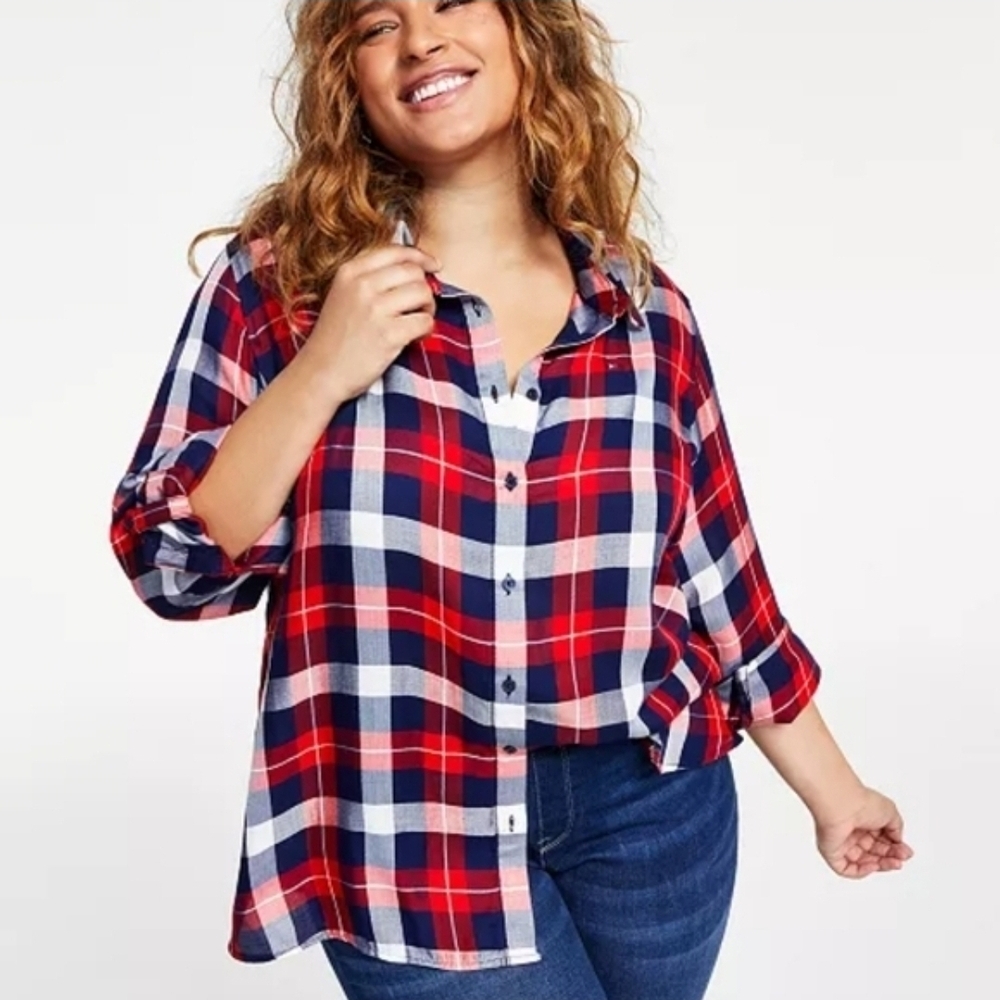 Tommy Hilfiger Red, Navy & White Plaid Button-Down Shirt